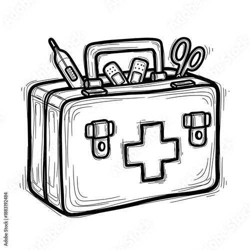 First aid kit with medical supplies including scissors and thermometer  