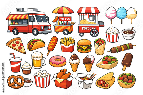 Vibrant assortment of street food snacks and treats.