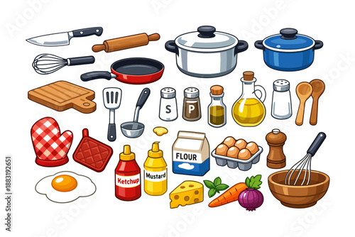 Colorful assortment of kitchen items and ingredients for cooking enthusiasts.
