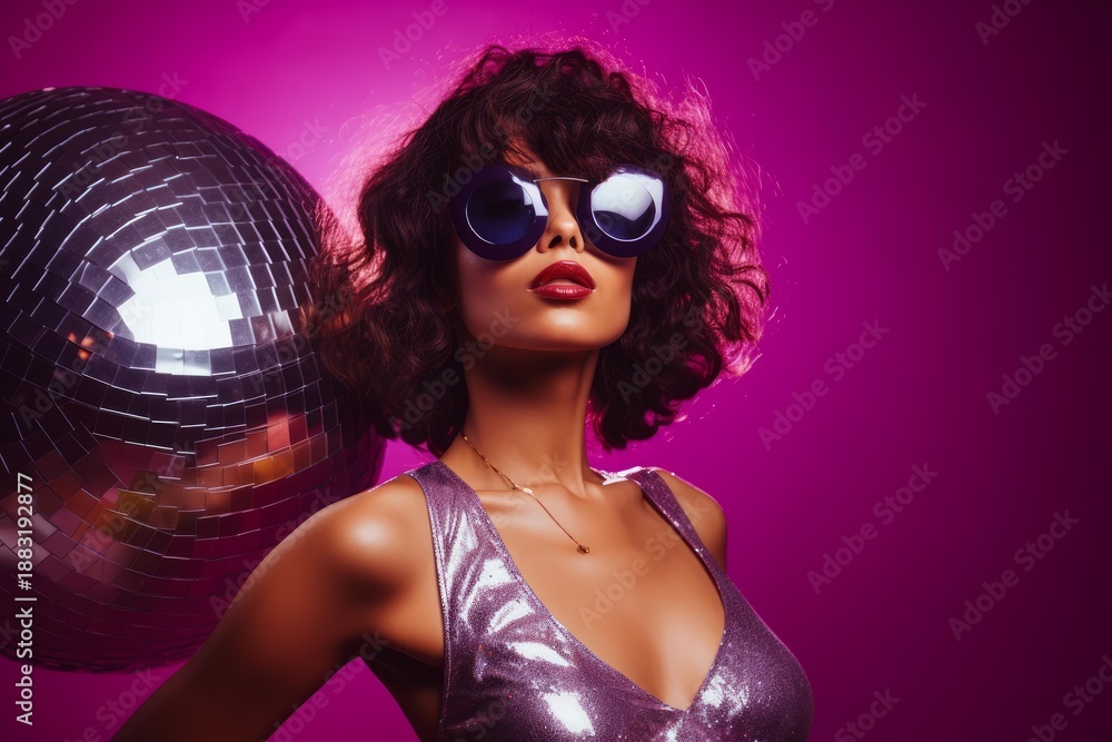 Obraz premium Stylish woman wearing sunglasses and a sequin top, standing next to a disco ball