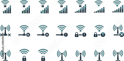 Wi-Fi and Network Connectivity Icons Showing Signal Strength, Security Status, Router Alerts, and Wireless Access Point Variations