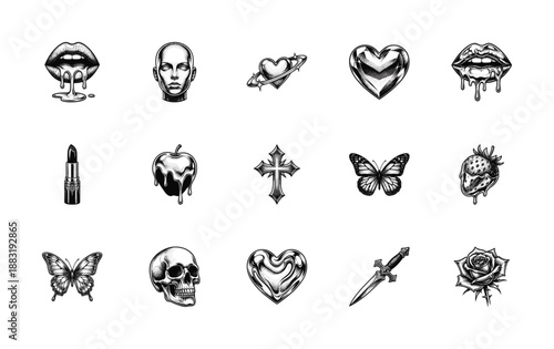Stippled Engraving Dark Coquette Graphic Asset Sheet for Tattoo Flash and Gothic Apparel Design