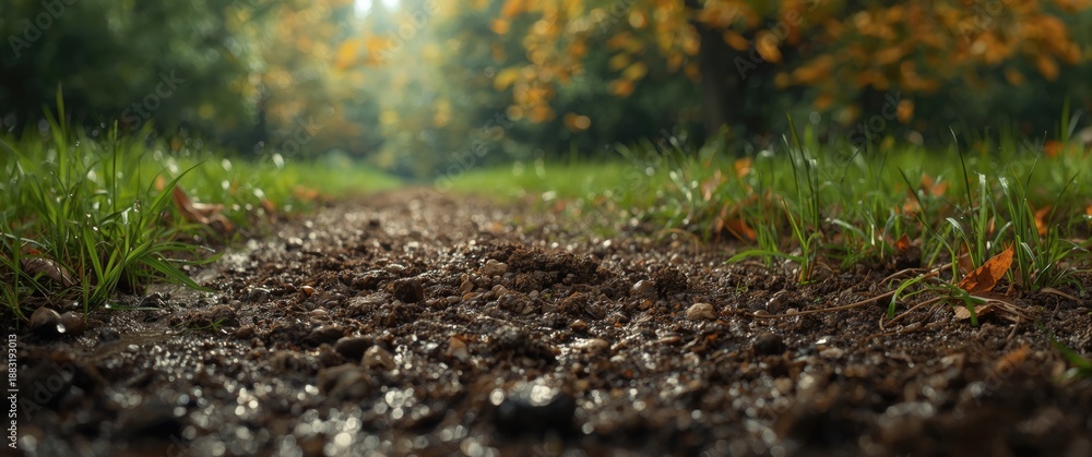 Fototapeta premium A patch of wet, muddy ground featuring scattered grass and small pebbles, highlighting the natural texture and rugged landscape features