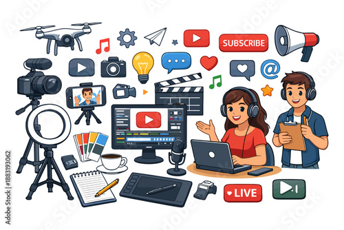 Diverse young content creators filming and streaming with equipment in studio.