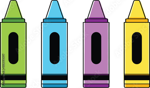 Set of four colorful wax crayons standing upright for kids drawing and school supplies