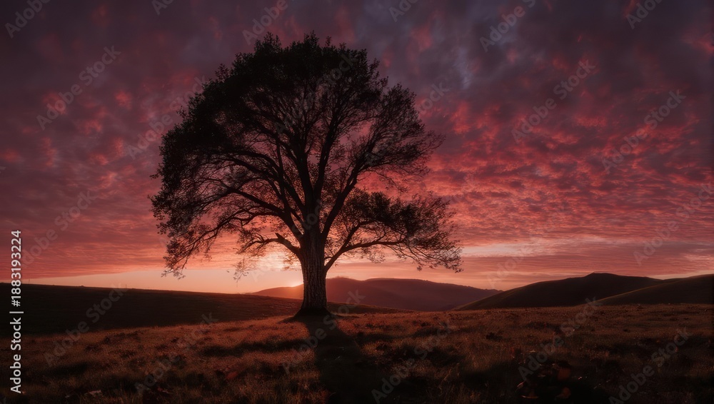 Fototapeta premium Lone Tree Silhouette Against Dramatic Sunset Sky.