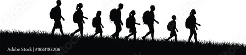 Silhouette illustration of group hikers walking with backpacks on grassy terrain, outdoor adventure symbolizing unity, travel, exploration, and nature