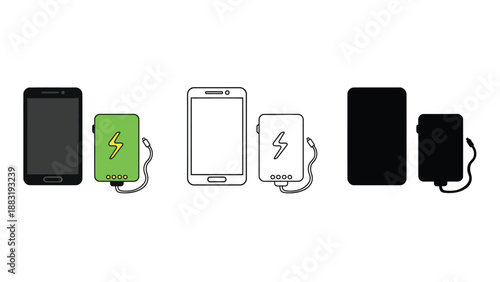 A graphic illustration of mobile phones and portable chargers in various styles and colors