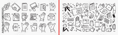 Business Office Element Doodle Collection Set, Hand Drawn Work Item Sketch Art Design, Email Letter Icon Vector Clipart Bundle Art, Office Supply Graphics Bundle Stock Set Art, Corporate Element Drawi