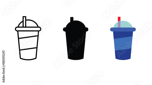 Three colorful illustrations of disposable cups with lids and straws on a white background