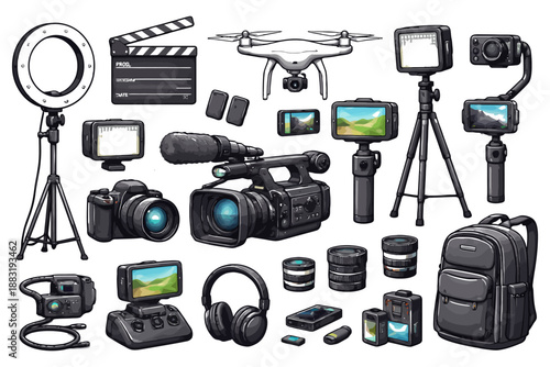 Assorted digital filming equipment: cameras, drones, tripods, and more.