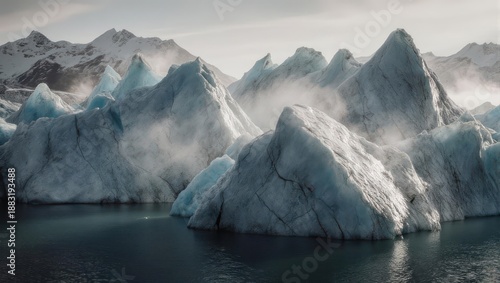 Majestic Icebergs Floating in Arctic Waters Under a Misty Sky.