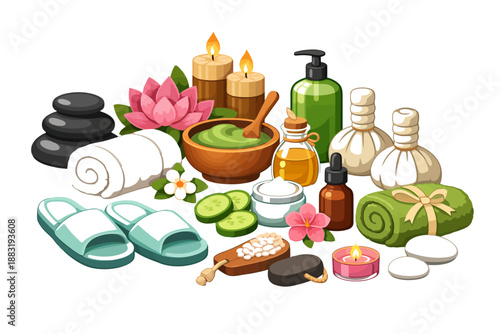 Spa essentials collection with candles, oils, and herbal products for relaxation.
