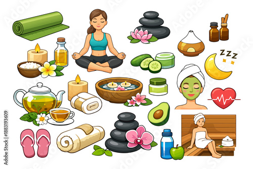 Relaxation and wellness elements featuring meditation and spa items.