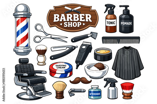 Barber shop tools: chair, scissors, razor, comb, shaving cream, aftershave, tonic, pomade.