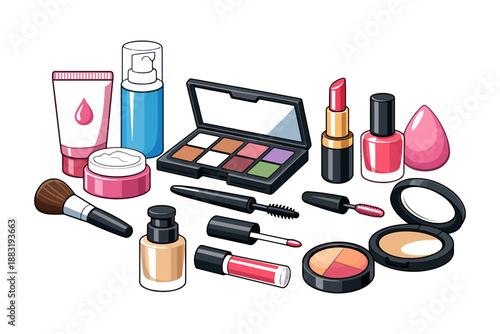 Colorful makeup set with brushes lipstick and eyeshadow palette.