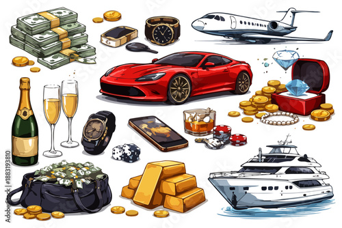 Luxury icons collection: car, yacht, jet, gold, money, jewelry, and watches displayed.