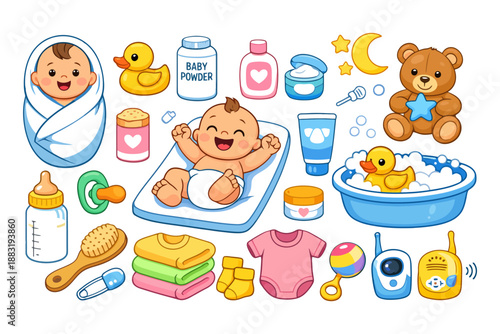Cute baby items and toys with happy infant on changing mat.