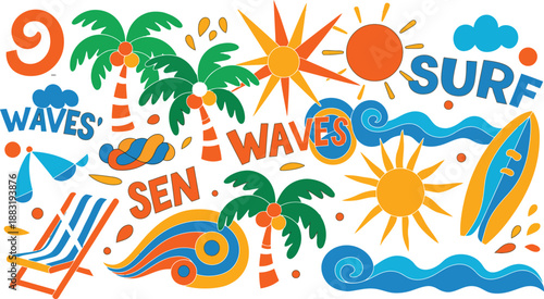 Colorful beach icons and words including palm trees and surfing equipment on white