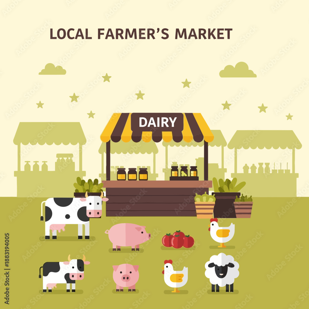 Naklejka premium Vibrant Illustration of a Local Farmer's Market Showcasing Dairy Products and Livestock