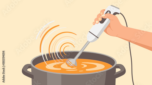 Vibrant Illustration of a Hand Blending a Creamy Soup with Modern Equipment for Culinary Use