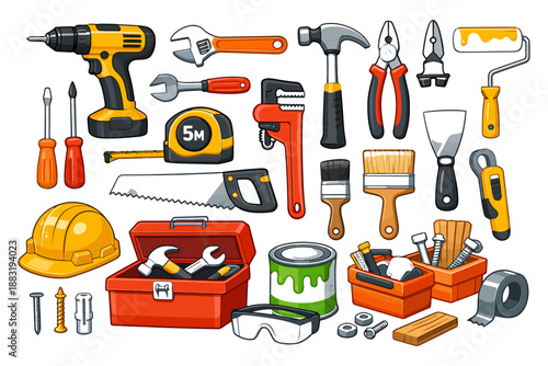 Collection of diy tools and equipment for home improvement projects.