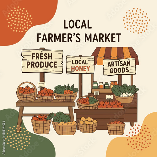 Vibrant Illustration of a Local Farmer's Market Showcasing Fresh Produce and Artisan Goods
