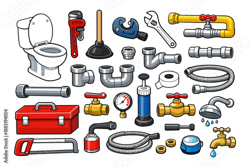 Plumbing tools and fixtures set with pipes, wrench, valve, toilet, and shower head.