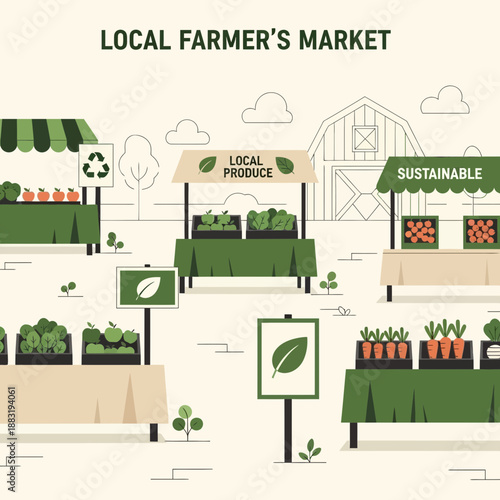 Vibrant Illustration Of A Local Farmer's Market Showcasing Fresh Produce And Sustainable Practices