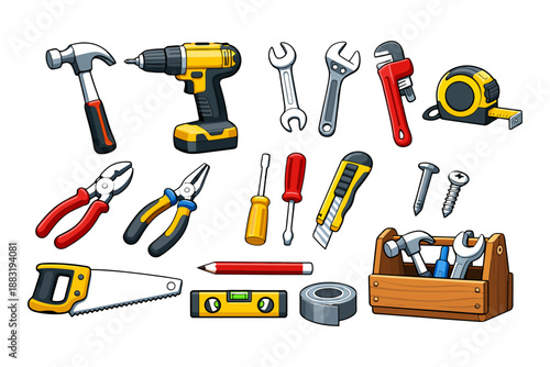 Assorted tools collection: hammer, drill, wrench, pliers, toolbox and more.