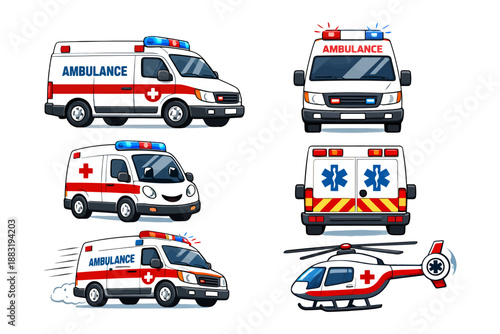 Ambulance and medical helicopter collection with emergency lights.