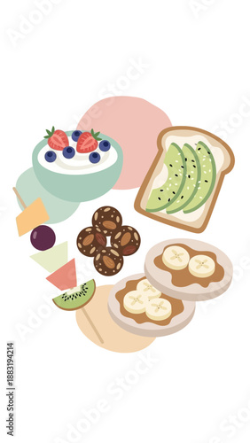 Vibrant Illustration Of Freshly Prepared Breakfast Items With Colorful Fruits and Healthy Choices