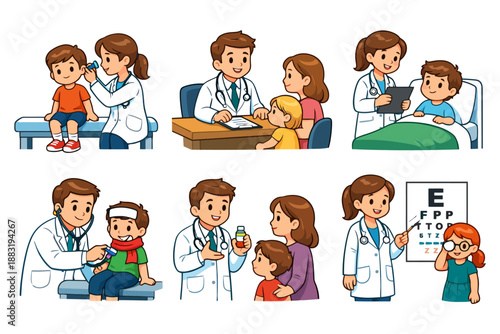 Cartoon medical scenes with doctors, parents, and children at checkups.