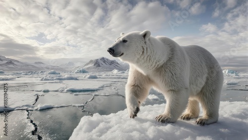 Majestic Polar Bear Standing on Ice Floe in Arctic Landscape.
