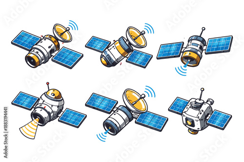 Set of diverse satellite designs with solar panels and communication antennas.