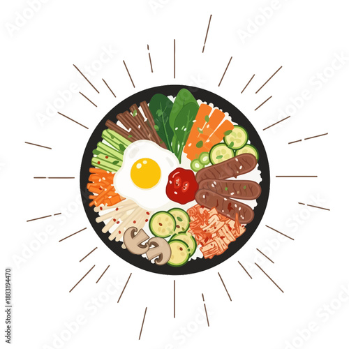 Vibrant Korean Bibimbap Illustration With Artistic Sunlight Burst, Delicious Food Artwork