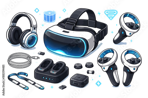 Futuristic virtual reality headset set with controllers and accessories.