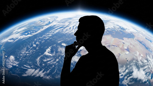 Silhouette man thinking in front of earth from space with sunlight