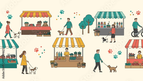Vibrant Market Scene Depicting Community Life, Dogs, Stalls, and Daily Activities Illustration