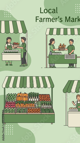 Vibrant Local Farmer's Market Illustration Showcasing Fresh Produce and Community Interaction