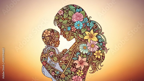 Mother holding baby silhouette filled with floral patterns
