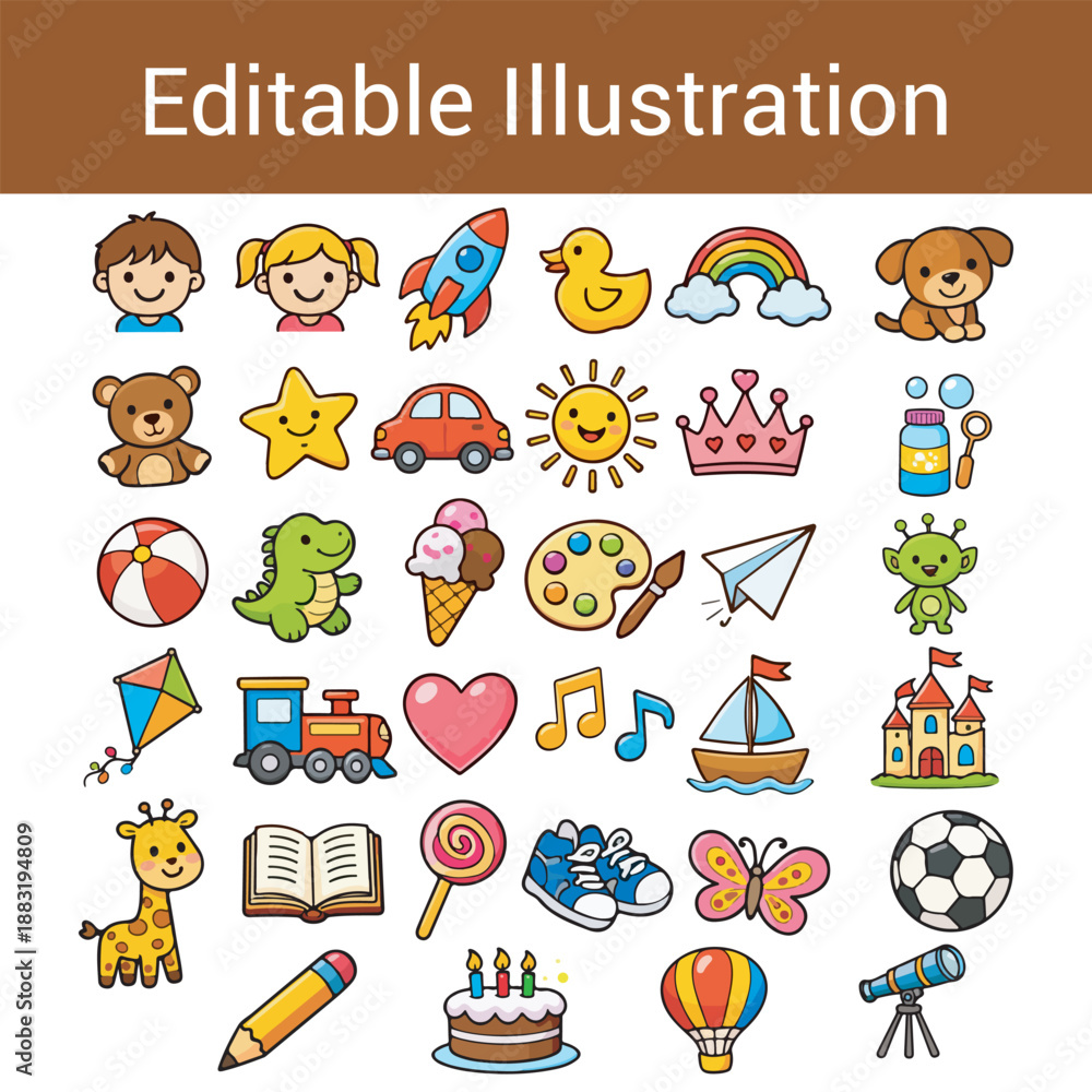 Fototapeta premium Colorful Kids Cartoon Icon Set – Cute Child Toys, Animals and Fun Objects Illustration