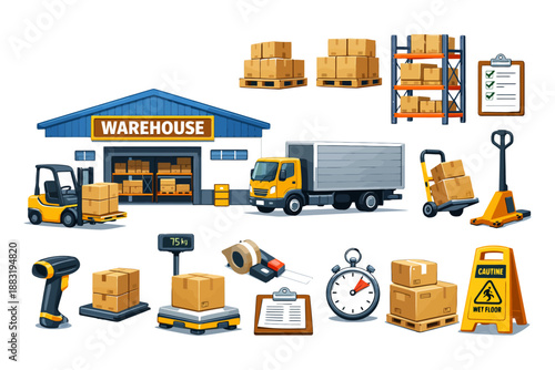 Warehouse logistics with trucks, pallets, and equipment for efficient management.