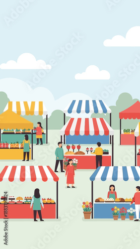 Vibrant Marketplace Scene Depicting Stalls, People, and Goods Against a Bright Sky Backdrop