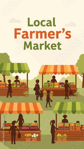 Vibrant Illustrated Scene of A Community Gathering at Local Farmers Market, Colorful And Lively