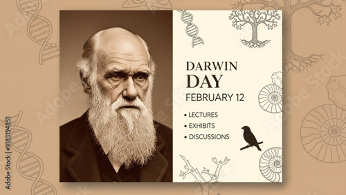 Charles darwin portrait poster with lectures exhibits discussions