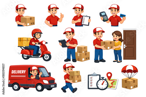 Animated delivery service scenes with courier, packages, and delivery truck.