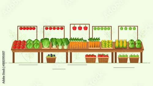 Vibrant Illustrated Vegetable Market Display Showcasing Fresh Produce with Abundant Healthy Choices