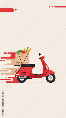 Vibrant Red Scooter Delivering Fresh Groceries Swiftly Against a Neutral Backdrop