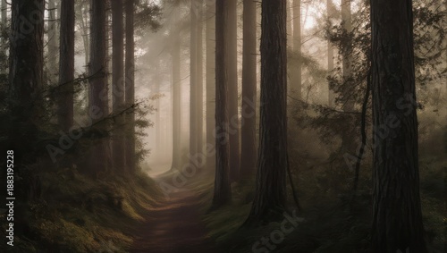 Misty Forest Path Bathed in Golden Sunlight Through Tall Trees.